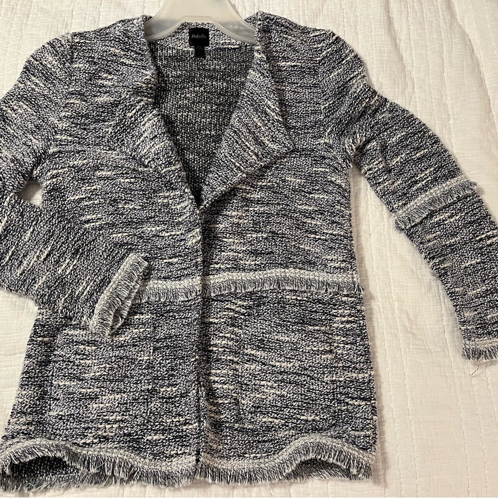 Rafaella Navy White Gold Metallic Fringe Tweed Cardigan Sweater Womens XSP